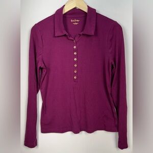 Lilly Pulitzer Gold Button Henley Long Sleeve Collared Pink Top Size Large